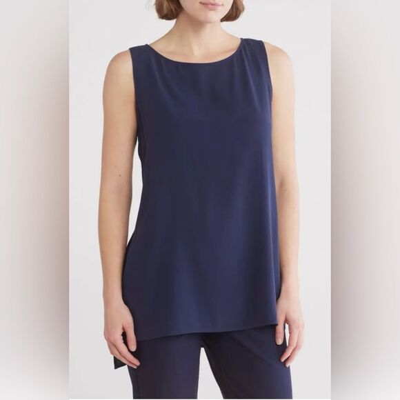 Eileen Fisher NWT Women's Size XL Extra Large Blue High Low Silk Shell Tank Top - Picture 1 of 11